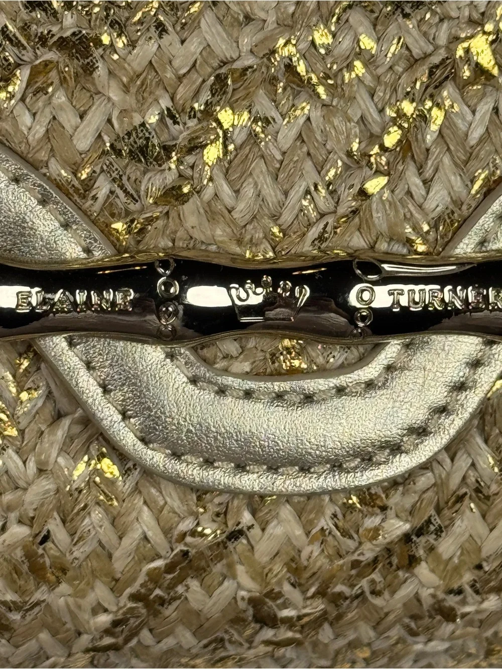 Elaine Turner Convertible Clutch Bag Woven Metallic Raffia Bamboo Accent